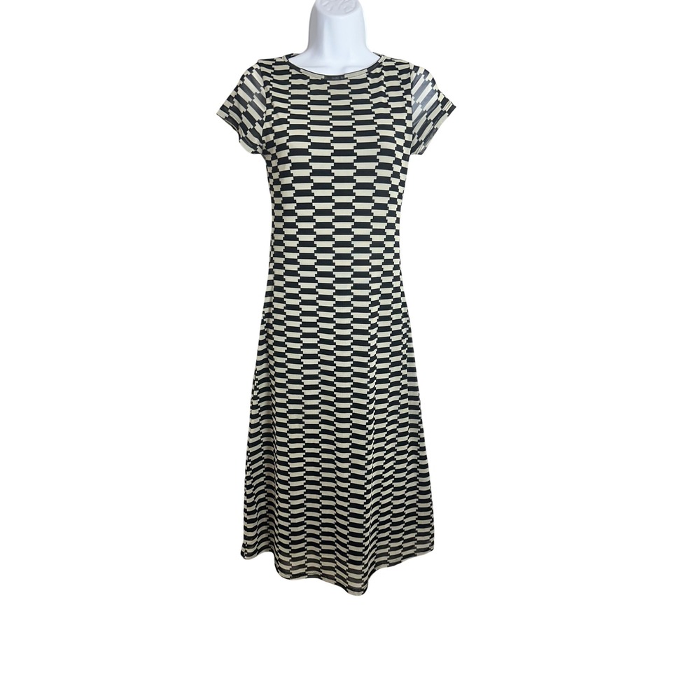 Lisa Says Gah Black Cream Geometric Mesh Midi Dress Short Sleeve XS